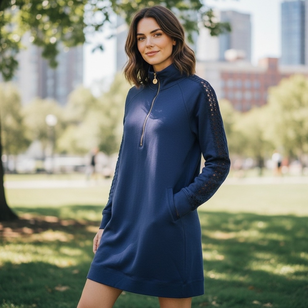 Lilly Pulitzer Navy Blue 1/4 Zip Crochet Lace Sleeve French Terry Dress Small